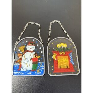 Vintage Holiday Snowman/Fireplace Metal/Glass Hanging Sun Catchers Set Of 2